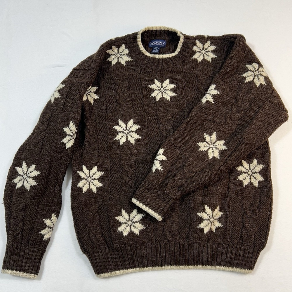 Lands End Vintage Wool Snowflake Sweater Womens M Brown Cable Knit Made 90s